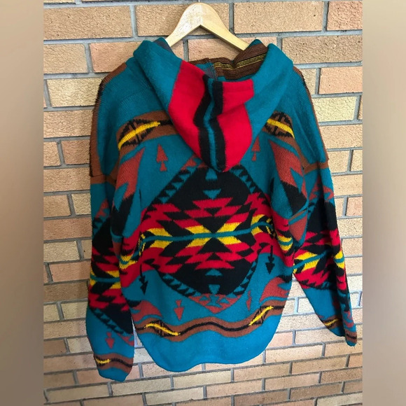 CAMPTEX 100% Wool Teal Aztec Southwest Full Zip Hooded Sweater Hoodie Size XL - Picture 5 of 5